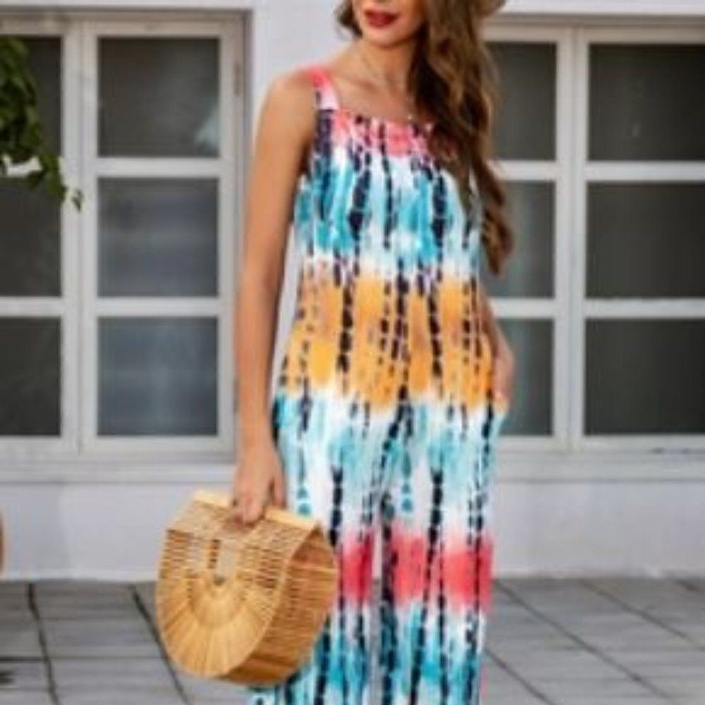 Cute Tie Dye Jumpsuit Romper CoverUp Blue